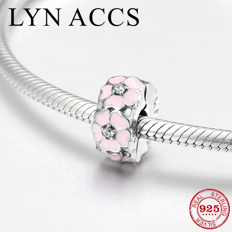 

100% Authentic 925 Sterling Silver Pink enamel flowers fine clips Lock Beads Fit Original Pandora Charms Bracelet Jewelry making