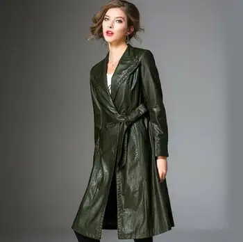 

Women Stylish Lapel PU Leather Slim Fit Knee-length Trench Coats Belt A11