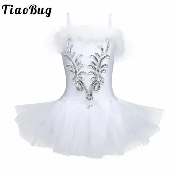 

TiaoBug Girls White Swan Dance Dress Child Sequined Beads Flowers Ballet Tutu Leotard Dress Princess Kids Stage Dance Costume