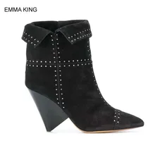 EMMA KING Spike Heels Women Ankle Boots Revers Collar Pointed Toe Fashion Mujer Autumn Shoes For Party Big Size 35#-43