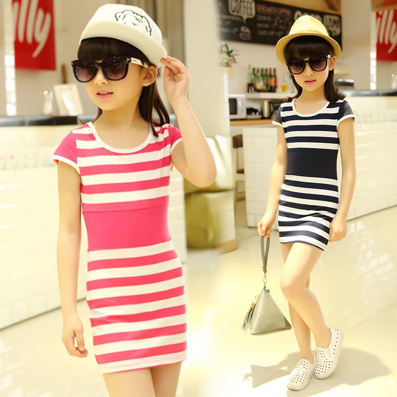 

Children Girls' Clothing Black And White Stripes Summer Girl Dress 100% Cotton 3-14 Years Kids Vest Dresses For Teenage Girls