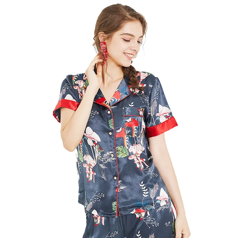 Womens Sleep Pajama Sets Flower Print Silk Summer New Mushroom Short