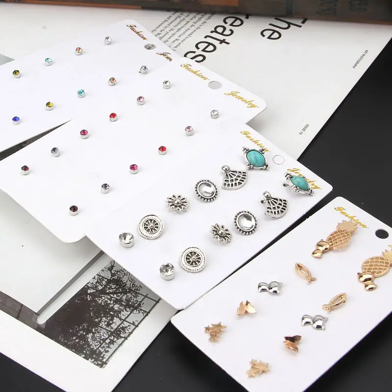 

6 Pairs Birthstone Crystal Pineapple Cat Small Mixed Stud Earrings Set For Women