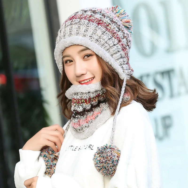 

Sport Winter Women Knitted Hat Scarf 2Pcs Set Fashion Wool Thickening Hat Collars Female Warm Hat Scarf Set Snow Caps 12 Colors