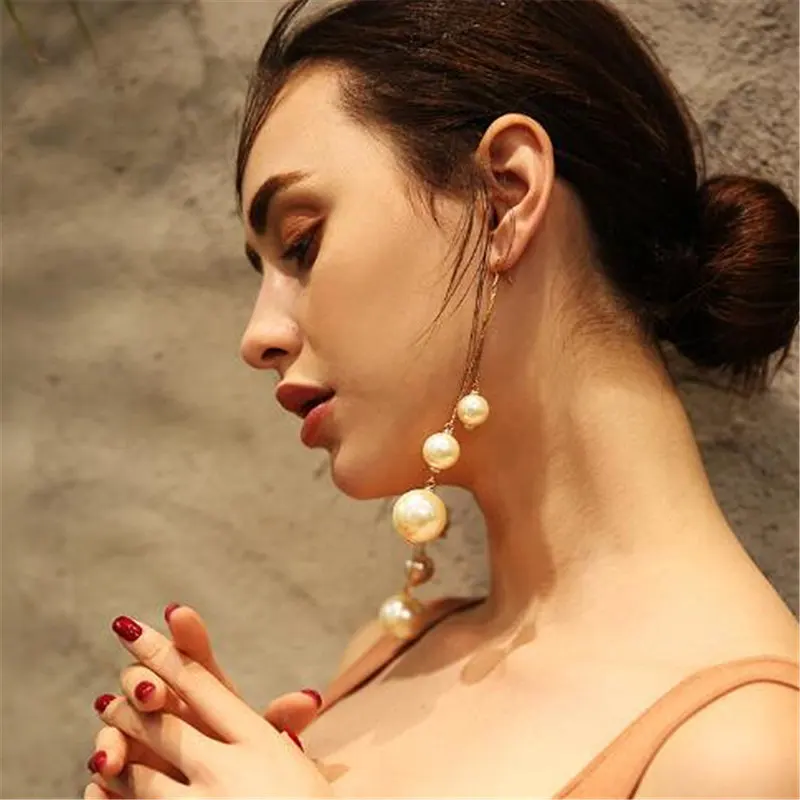 

Indian Jewelry Trendy Elegant Created Big Simulated Pearl Long Earrings Pearls String Statement Dangle Earrings For Wedding