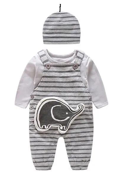 

Spring and autumn Pure cotton baby set bib pants newborn stripe romper Hat three-piece suit