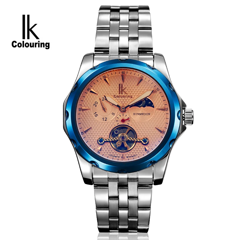 

IK Colouring Mechanical Watch Moon Phase Stainless Steel Band Anodized Blue Bezel Male Automatic Wristwatch saat erkekler