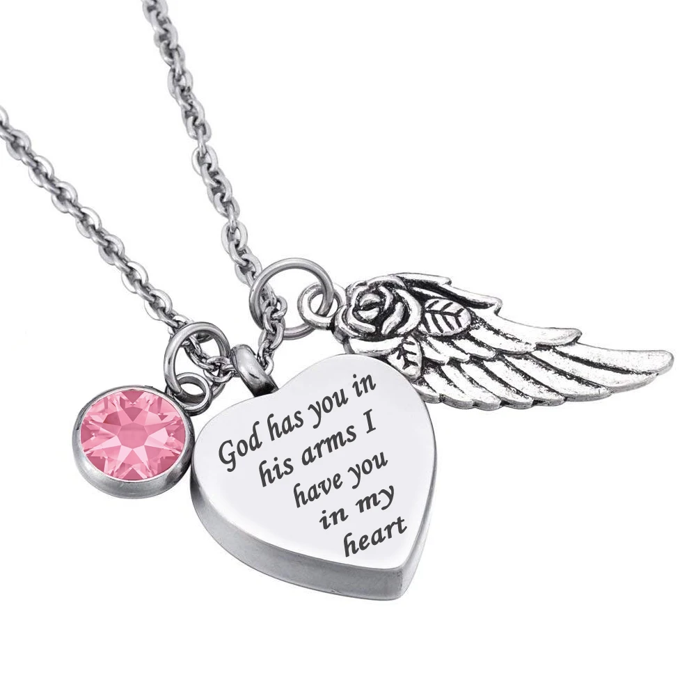 

Personalzied Stainless Steel Cremation God has you in his arms... Memorial birthstone Pendant Ashes Urn Necklace Name Engraved