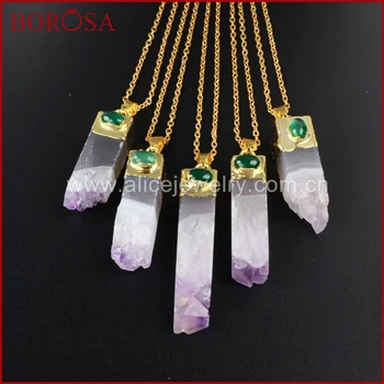 

BOROSA Gold Color Natural Purple Crystal Crystal Point Bar&Cats Eye Beads Pendant Necklace for Wholesale WX010-N