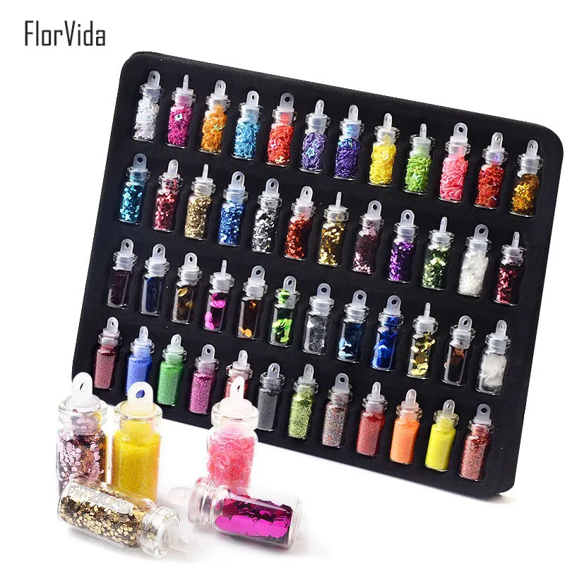 FlorVida 48pcs KIt Nail Art Decorations Acrylic Vial Mix Rhinestone Beads Glitter Sequins Nail Decorations Set Design for Nails