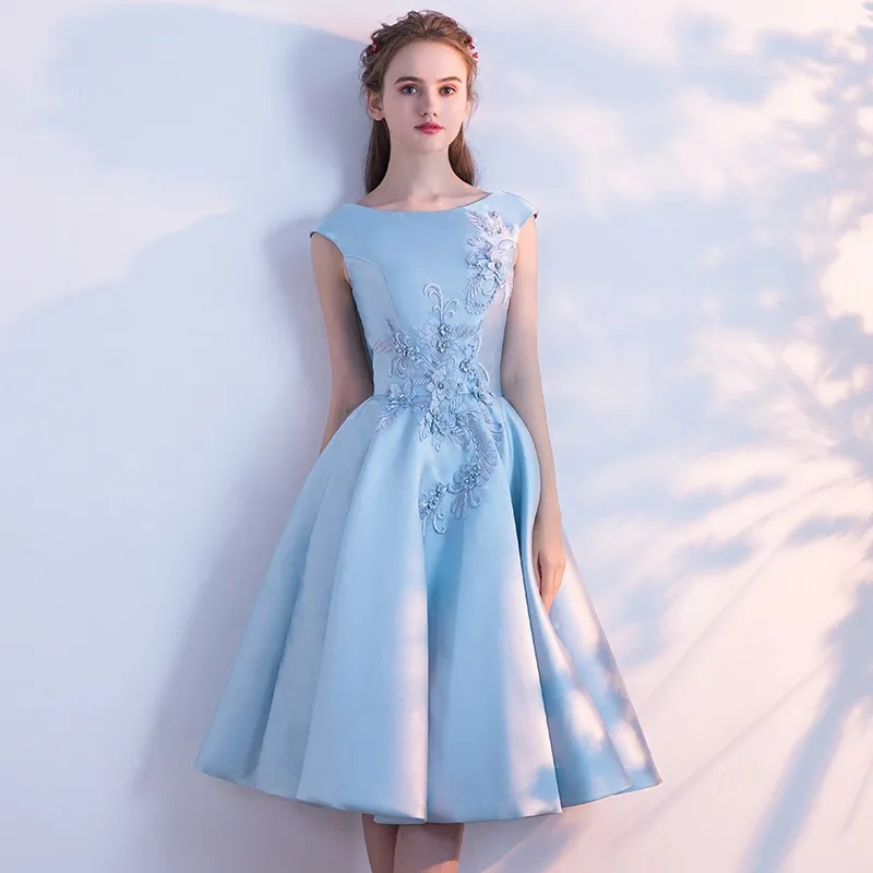 banquet-evening-dresses-2019-new-blue-mid-long-student-birthday-party-dresses-appliques-flower-prom-dress