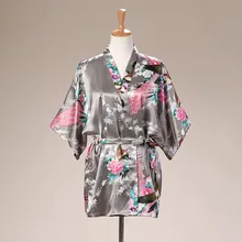 Плюс размер серый кимоно купальный халат стиль с принтом китайский для свадьбы, невесты, подружки невесты халат атласные шарфы ночная рубашка домашнее платье