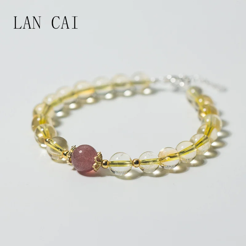 

LAN CAI Brand Sweet Citrine Beads Bracelet for Women Single Pink Strawberry Quartz Bead Charm Handmade Yellow Crystal Bracelet