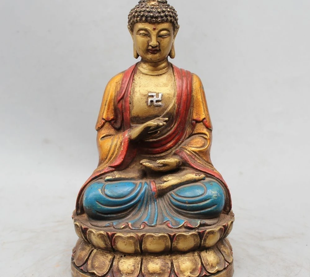 

9" Tibet Buddhism Bronze Painting Sakyamuni Shakyamuni Amitabha Buddha Statue