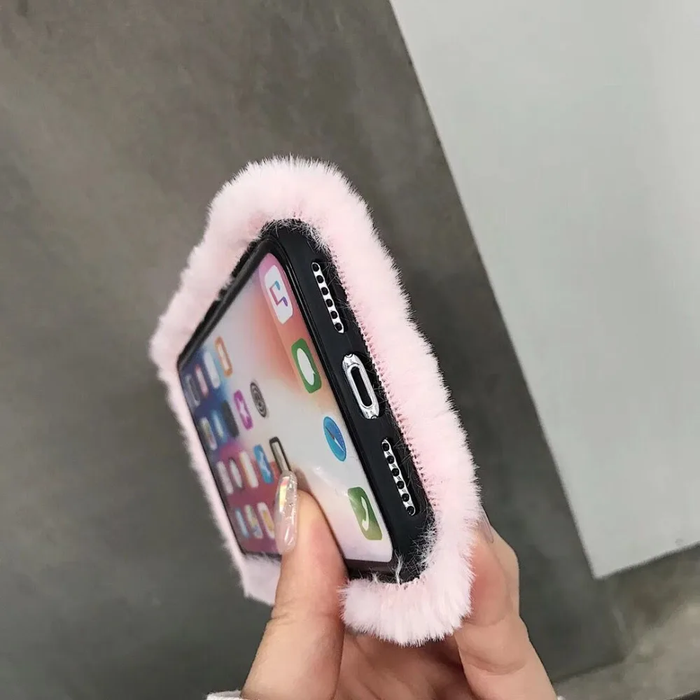 Пушистый чехол для iPhone X XS Max XR зимний теплый Плюшевый с кроличьим мехом Apple 6 6S Plus 7
