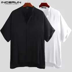 INCERUN/летние мужские рубашки с воротником-стойкой; однотонные дышащие рубашки с короткими рукавами и пуговицами; Новинка 2019 года; модная