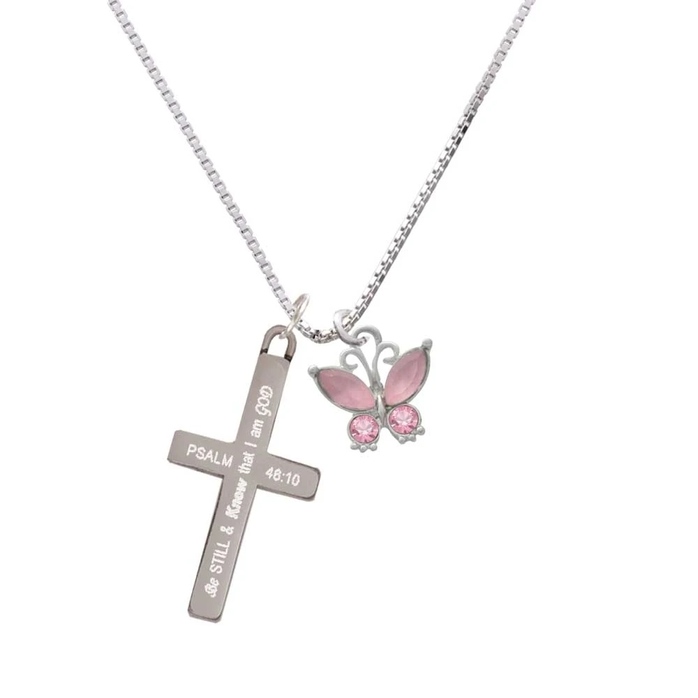 Butterfly with Pink Wings & Pink Crystals - Be Still and Know - Cross Necklace