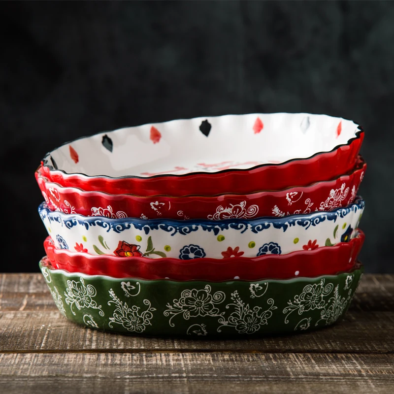 US $30.80 Underglaze Color Technology 10Inch Deep Plate Pizza Plate Round Ceramic Dish Household Wavy Lace Baking Oven Baking Tools