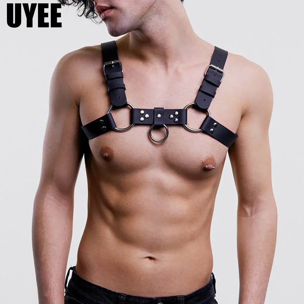 

UYEE Men Suspenders Leather Belts Lingerie Body Harness Males Harness Garter Stockings Adjustable Underwear Gothic Punk Bondage