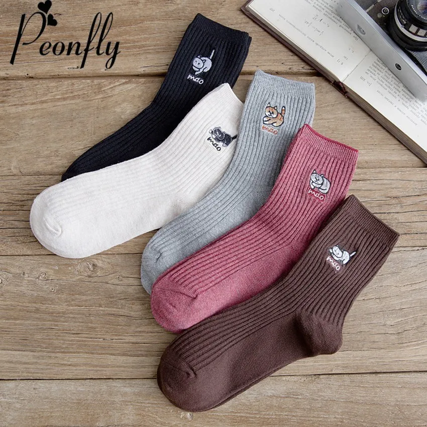 PEONFLY 2018 Autumn Winter New Embroidery Cartoon animal Kitty Socks Woman Fashion Japanese harajuku Double Needle Stripes Socks
