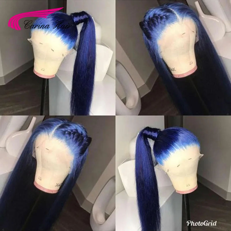 Carina Preplucked Colored Full Lace Wig Glueless Malaysian Straight Remy Dark Blue Lace Front Human Hair Wigs With Baby Hair