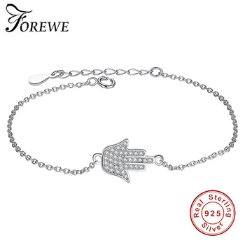 

FOREWE Crystal Zircon Hamsa Bracelet 925 Sterling Silver Charm Bracelet Hand of Fatima Adjustable Bracelet Women Fashion Jewelry