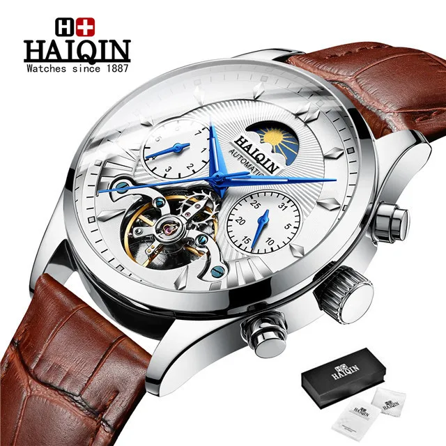 HAIQIN Original Mechanical Watch Unique Men's Watches Waterproof/Military/Sport Wristwatch Male Casual Automatic Wrist Watch Men - Цвет: L-silver white