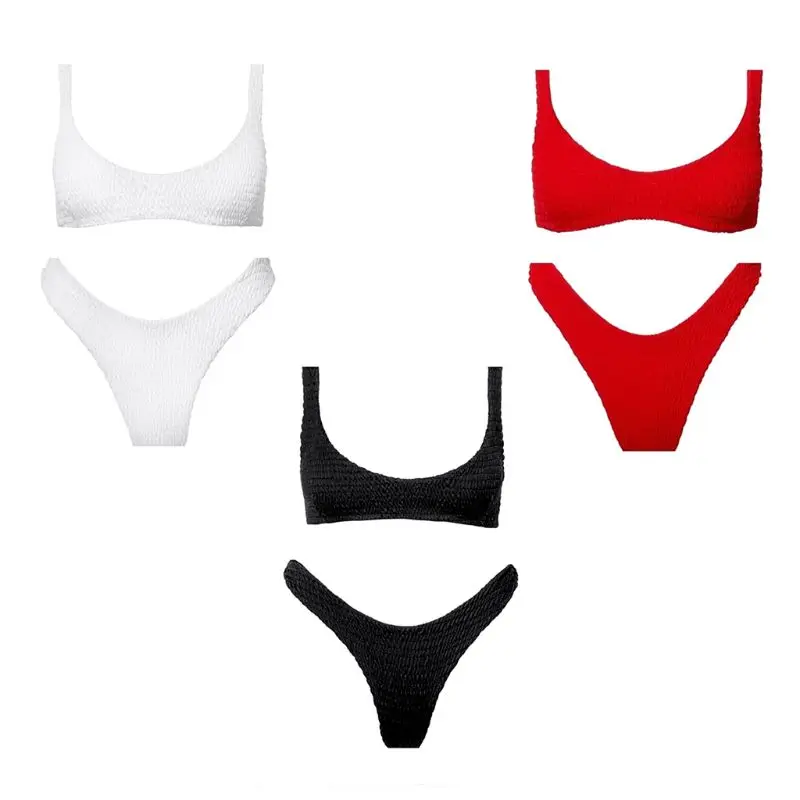 

Women Sexy Two Piece Bikini Set Ruched Pleated Stripes Solid Color Swimsuit Deep Scoop Neck Bra Low Waist High Cut T-Back Thong