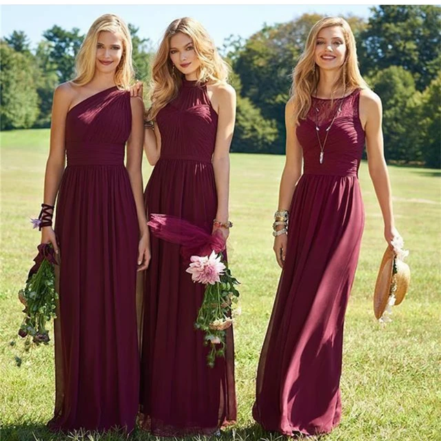 New Burgundy Bridesmaid Dress A Line Sleeveless Floor Length Off