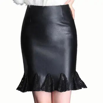 

Woman Plus Size Solid Empire Lace Splice Pu Spring Trumpet / Mermaid Skirts Female Oversized Leather Skirt Lady Above Knee Skirt