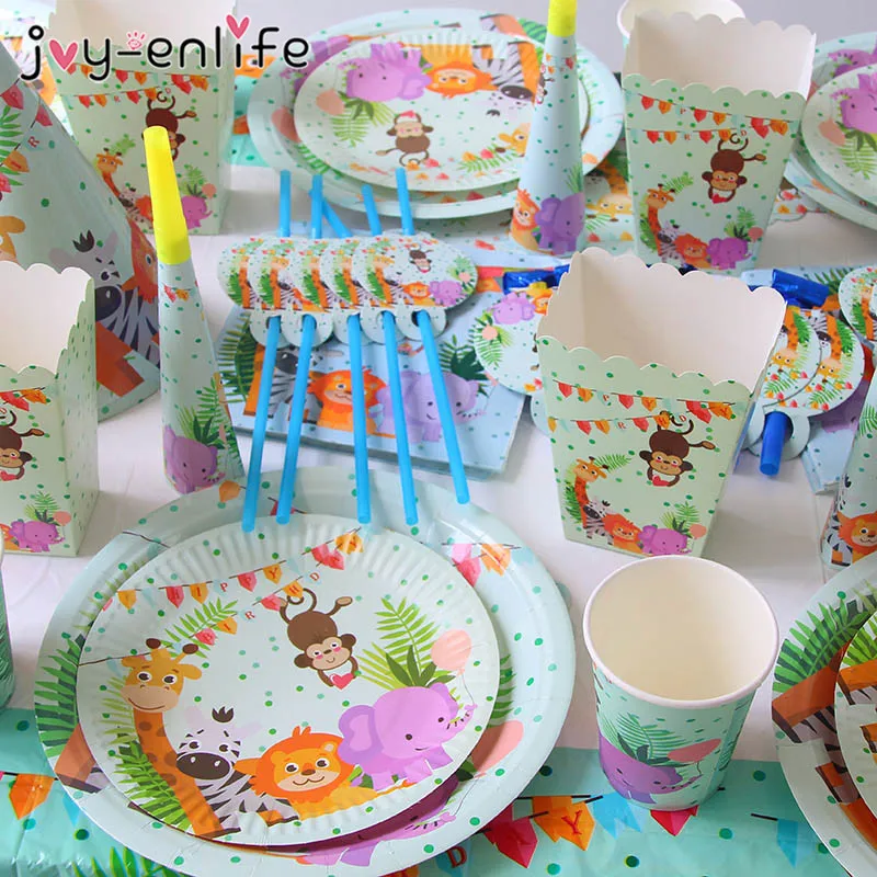 Jungle Birthday Party Disposable Tableware Jungle Animal Disposable Plates Cups Napkins Safari Decoration Baby Shower Supplies