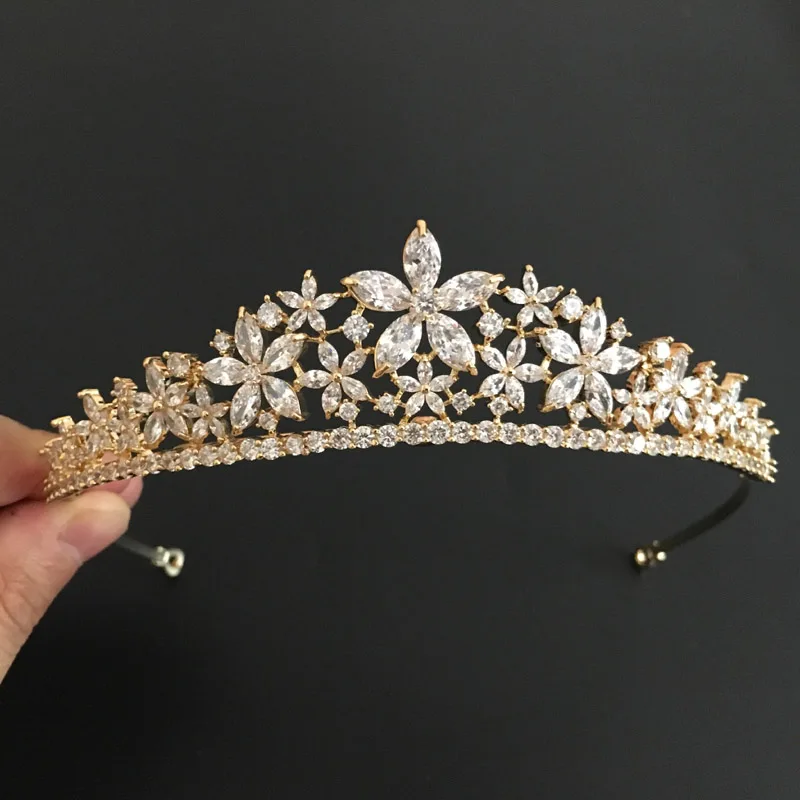 SLBRIDAL Золотое винтажное Золотое кольцо с фианитом свадебная тиара CZ Свадебная Королева Принцесса пышные королевские вечерние Корона женские ювелирные изделия