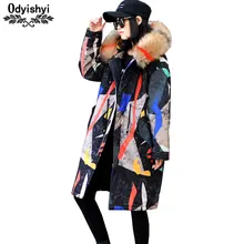 Зимняя Длинная женская куртка, большие размеры, принт, цветная полоска, пальто с капюшоном, парки, стеганая верхняя одежда, толстые хлопковые куртки для женщин Hiver HS32