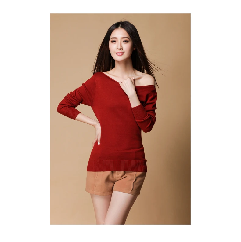 2019 Womens Spring Autumn Slim Cashmere Wool Sweater Knitted Long Sleeve Pullover Sweaters Female Slash Neck Fashion | Женская одежда
