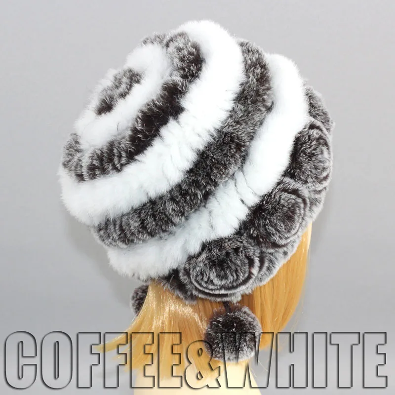 Новое поступление зимняя женская шапка из натурального кроличьего меха шапки из меха кролика рекс натуральная меховая заколка женский теплый меховой головной убор - Цвет: coffee white