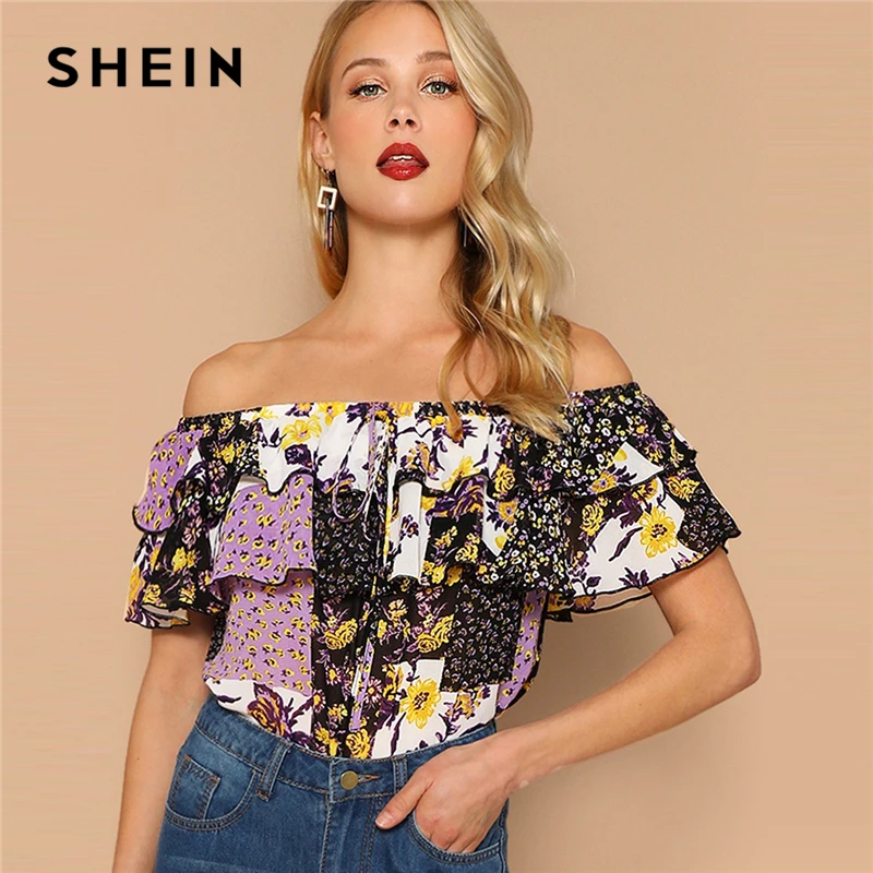 

SHEIN Multicolor Off Shoulder Layered Foldover Colorblock Floral Blouse Vacation Ruffle Drawstring Women 2019 Summer Beach Tops