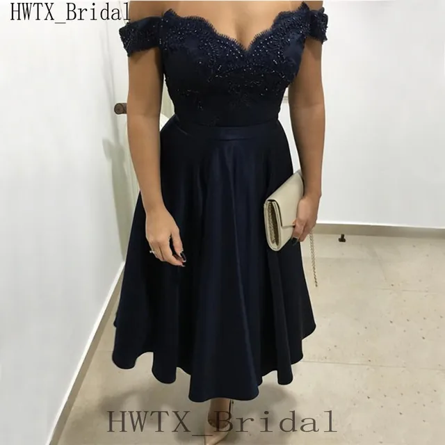 Navy Blue Satin Mother Of The Bride Dresses Plus Size Tea Length Off Navy Blue Satin Mother Of The Bride Dresses Plus Size Tea Length Off Shoulder Beaded Lace