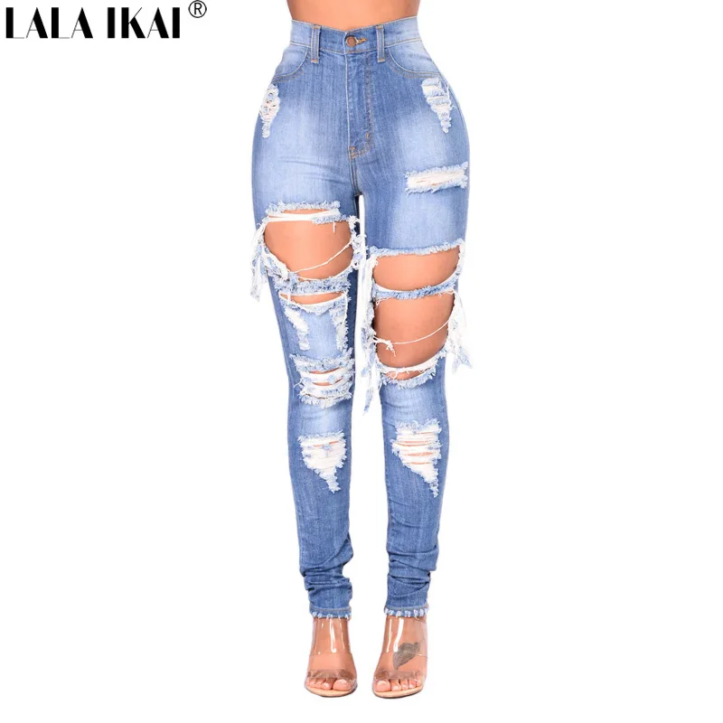 Lala Ikai Plus Size 2Xl 3Xl Ripped Jeans Women Blue Hole -4479