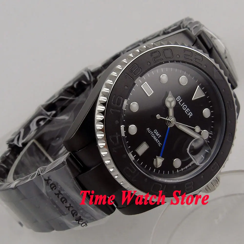 Bliger 40 мм GMT 3804 автоматические мужские часы PVD корпус черный циферблат светящийся
