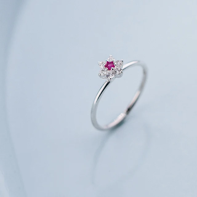 MloveAcc Sterling Silver 925 Oringinal In Rings for Women Flower with Pink CZ Elegant Lovely Adjustable Rings Brand Jewelry