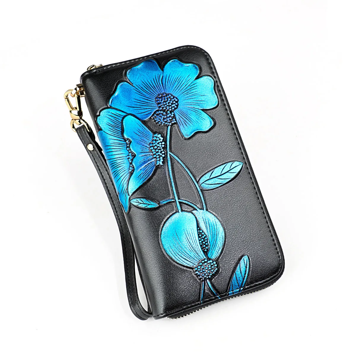 Модный женский клатч-кошелек из натуральной кожи, Тисненый Цветочный Женский кошелек для денег, удобный держатель для карт, длинные женские кошельки, сумка для телефона - Цвет: Blue