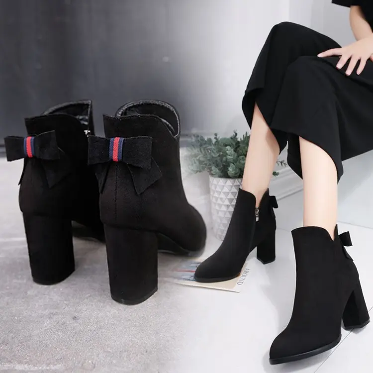 

Women's shoes winter 2018 new MoBeiNi suede high heel Martin boots with thick with round head boots bootiesV mouth bow boots