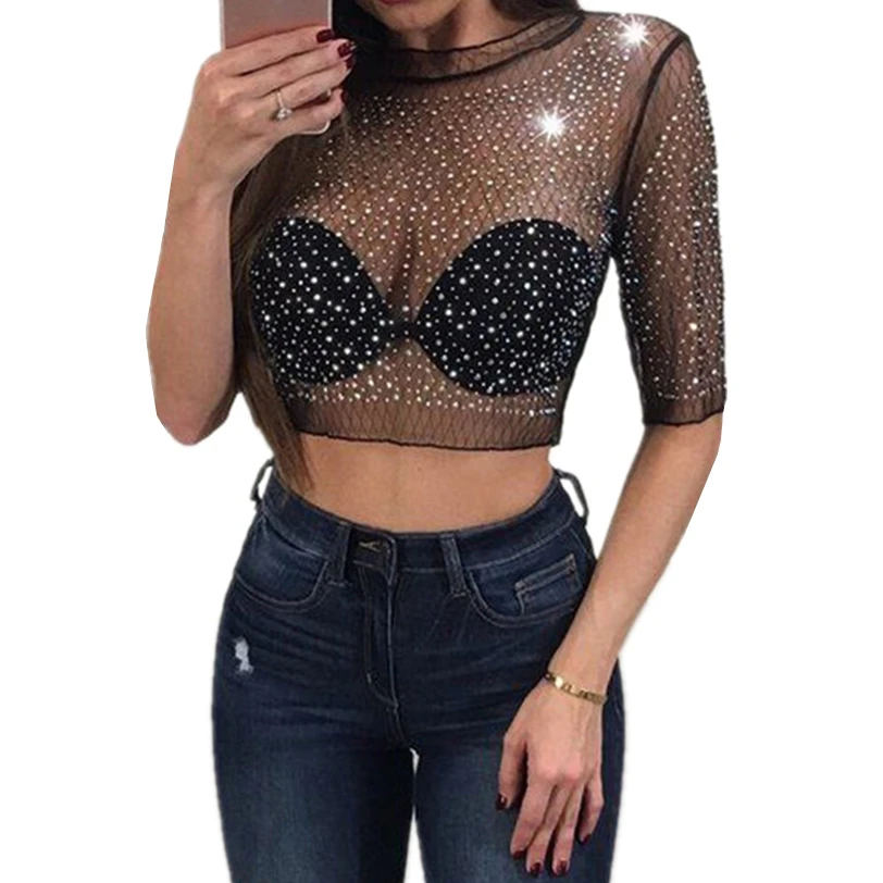 

Sexy Perspective Crop Top Female Camis Rhinestone Casual Vest Women's Tops Base Shirt Cropped Women's Blouse Wholesale noFB13