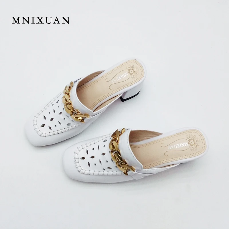 

Genuine leather sandals for women high thick heels big size 40-42 summer 2017 new mules Slippers white pink closed toe shoes