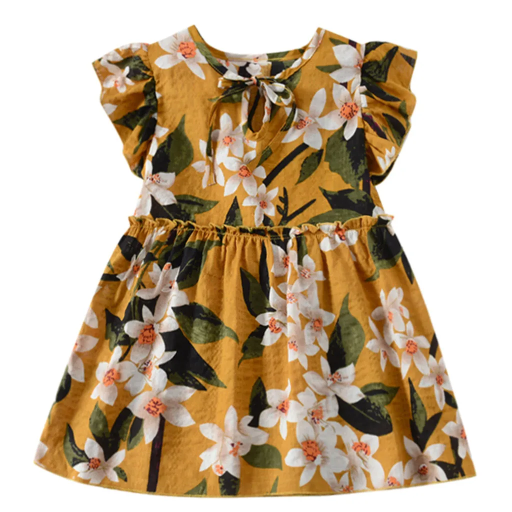 Toddler Baby Kids Girls Fly Sleeve Ruched Floral Flowers Print Dresses Clothes