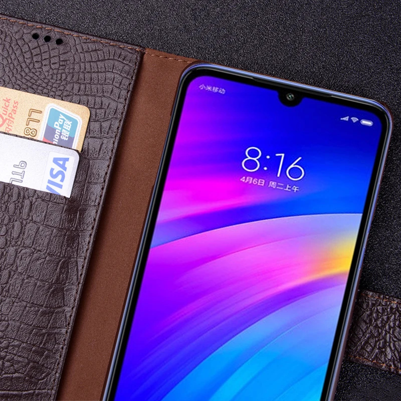 Флип кейс RYKKZ из натуральной кожи для Xiaomi Redmi 7 с отделением карт и подставкой