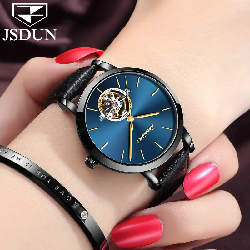 Leather watch strap rose gold casual wrist watch ladies fashion women's watches famous brand JSDUN mechanical dial hollow watch