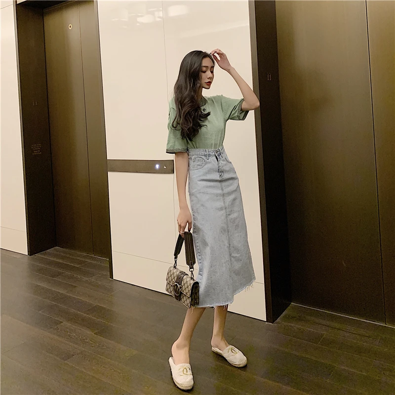 Hzirip новая свободная Мода размера плюс прямые тонкие с высокой талией корейские шикарные Летние Женские однотонные джинсовые длинные юбки до середины икры