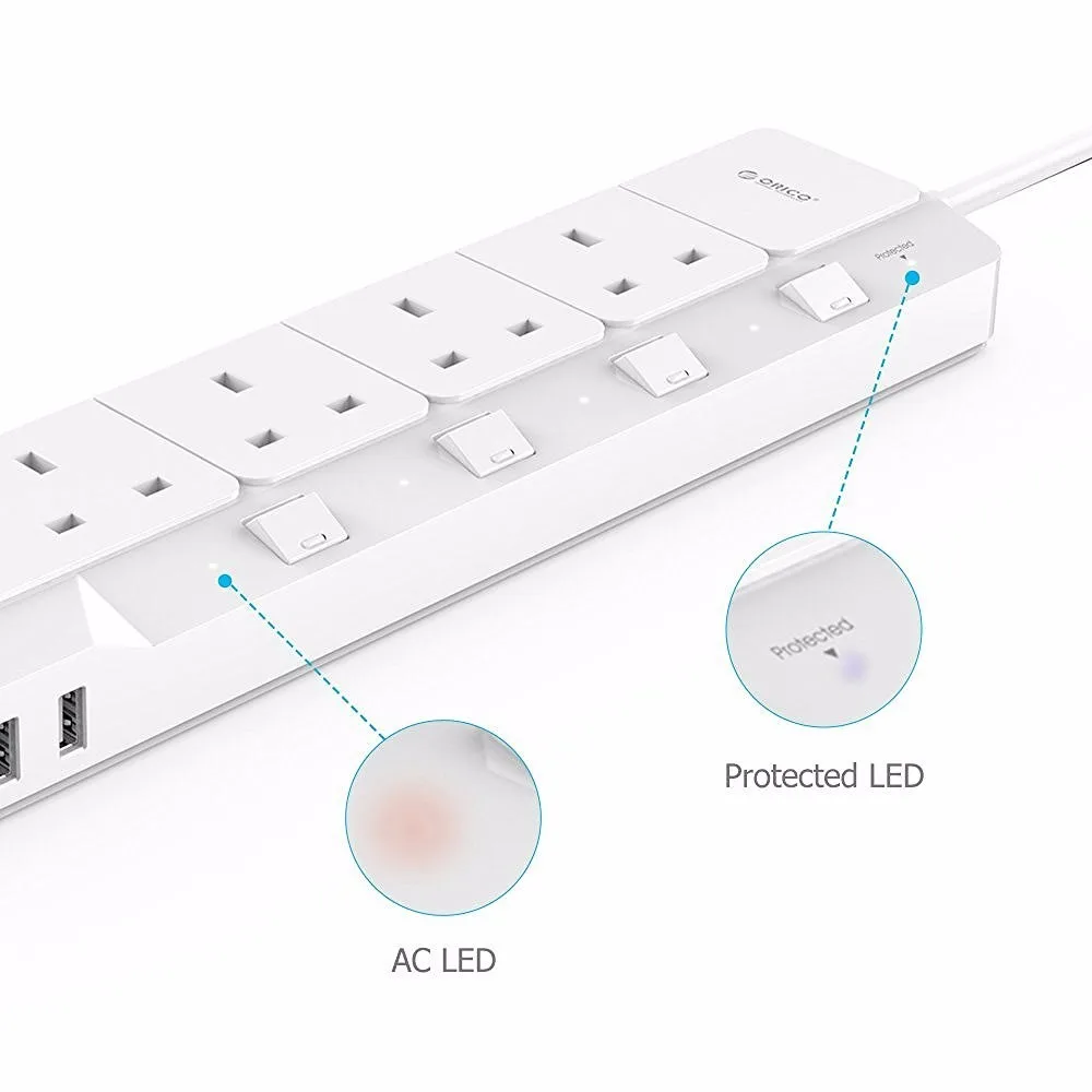 ORICO OSJ-4A5U-UK домашний офис UK Сетевой фильтр с 5 USB зарядным устройством 4 UK AC Plug мульти-розетка дорожные Силовые полосы 5 футов-белый