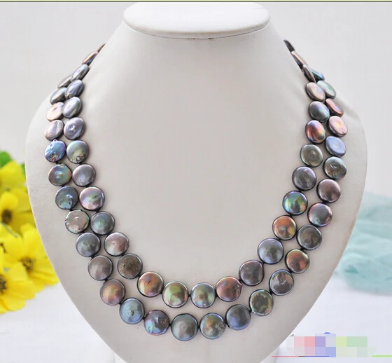 

FREE SHIPPING>>>@@ > P4957 2row 21" 14mm peacock black coin freshwater pearl necklace ^^^@^Noble style Natural Fine jewe &